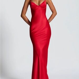 Sculpted Red Satin Maxi Slip Dress - Women's Evening Gown